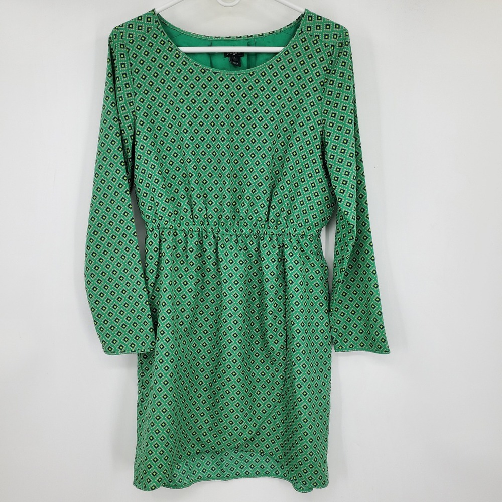 J. Crew Green Geometric Diamond Print Long Sleeve Tulip Hem Mini Dress Size 6
